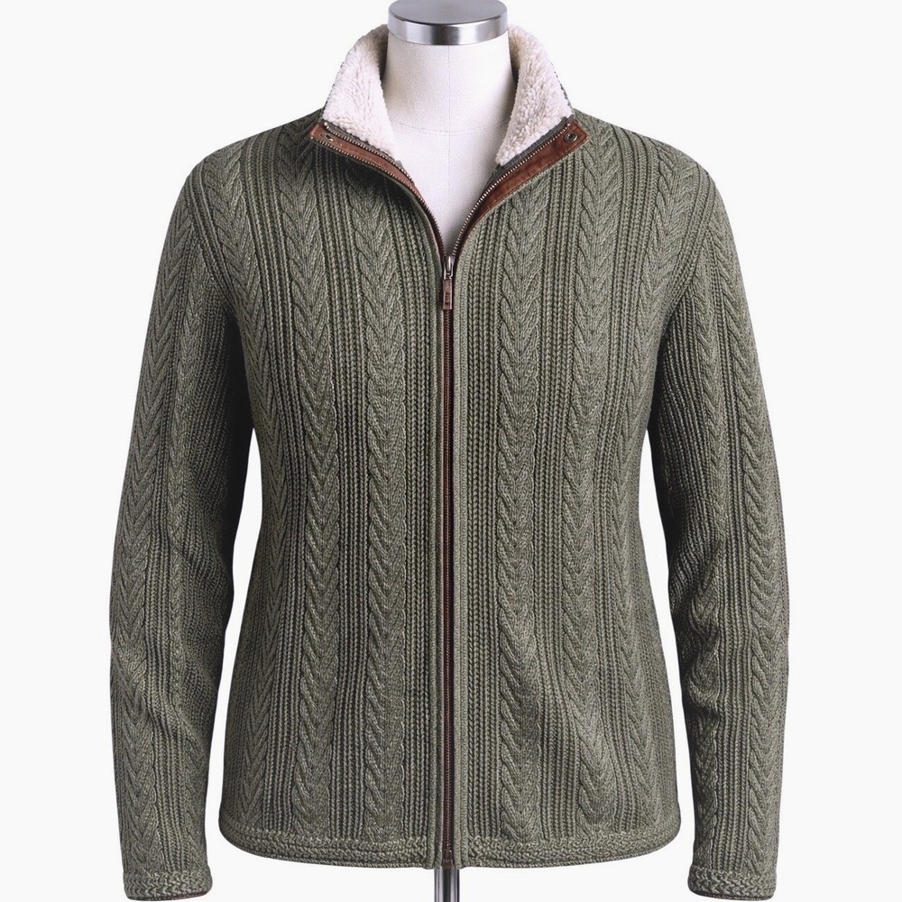 Carbon2Cobalt Cable Knit Sweater Jacket L Sherpa Collar Full Zip Olive Cotton
